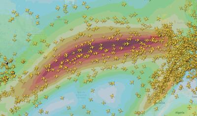 Winds from Storm Ciara helped European-bound flights from America shave off flight times. Image FlightRadar24 via Twitter