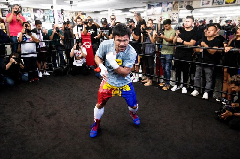 Filipino boxer Manny Pacquiao trains at the Wild Card Boxing gym in Los Angeles, California, USA. Pacquiao will fight Keith Thurman on 20 July in Las Vegas for the undefeated American's WBA Super Welterweight belt. EPA