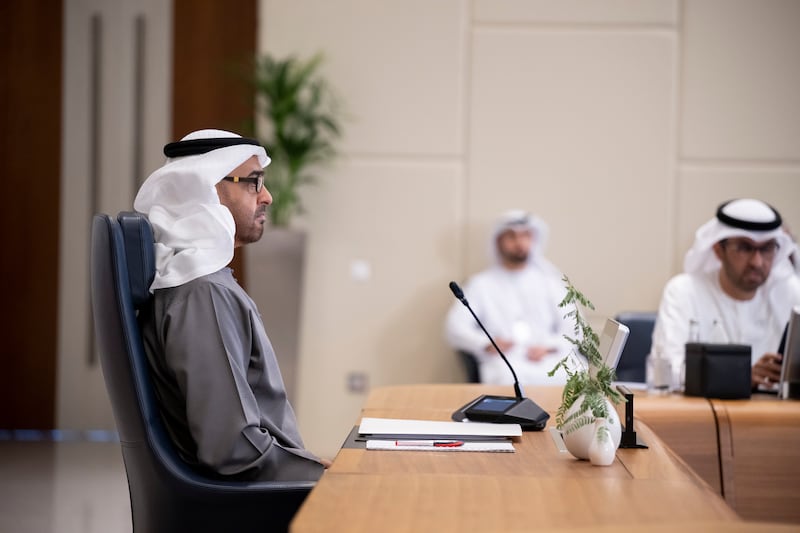 The President chairs the meeting. Also present was Dr Sultan Al Jaber, Minister of Industry and Advanced Technology, group chief executive of Adnoc and chairman of Masdar. Photo: Rashed Al Mansoori / UAE Presidential Court 
