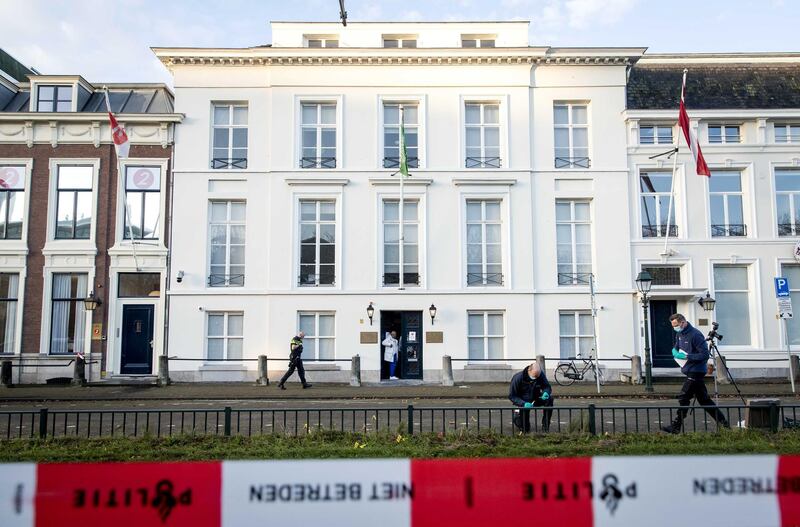 Police investigating outside the Embassy of Saudi Arabia in The Hague. EPA