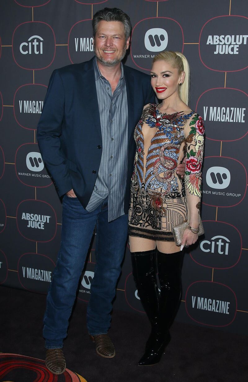 Blake Shelton and Gwen Stefani attend the Warner Music Group Pre-Grammy Party, at the Hollywood Athletic Club in Los Angeles, California, on  Thursday, January 23. EPA