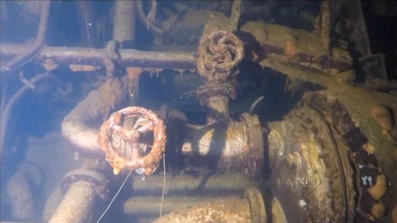 Pipes inside 112-metre long Ines, an oil tanker that sunk off the coast of Fujairah 20 years ago. Courtesy Simon Nadim / XR Hub