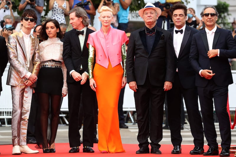 Timothee Chalamet, Lyna Khoudri, Wes Anderson, Tilda Swinton, Bill Murray, Benicio Del Toro and Alexandre Desplat attend the screening of 'The French Dispatch' at the 74th annual Cannes Film Festival on July 12, 2021