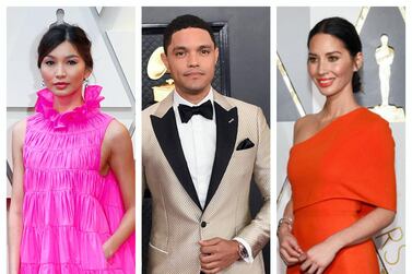 From left to right: Gemma Chan, Trevor Noah and Olivia Munn are speaking out against Asian American hate crimes following the Atlanta Spa shooting. 