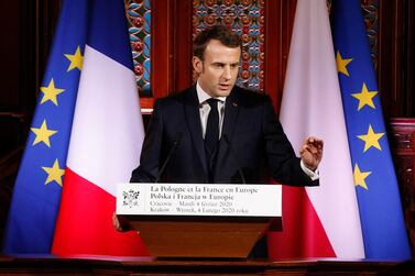 French President Emmanuel Macron speaks at the Jagiellonian University on Tuesday. AP