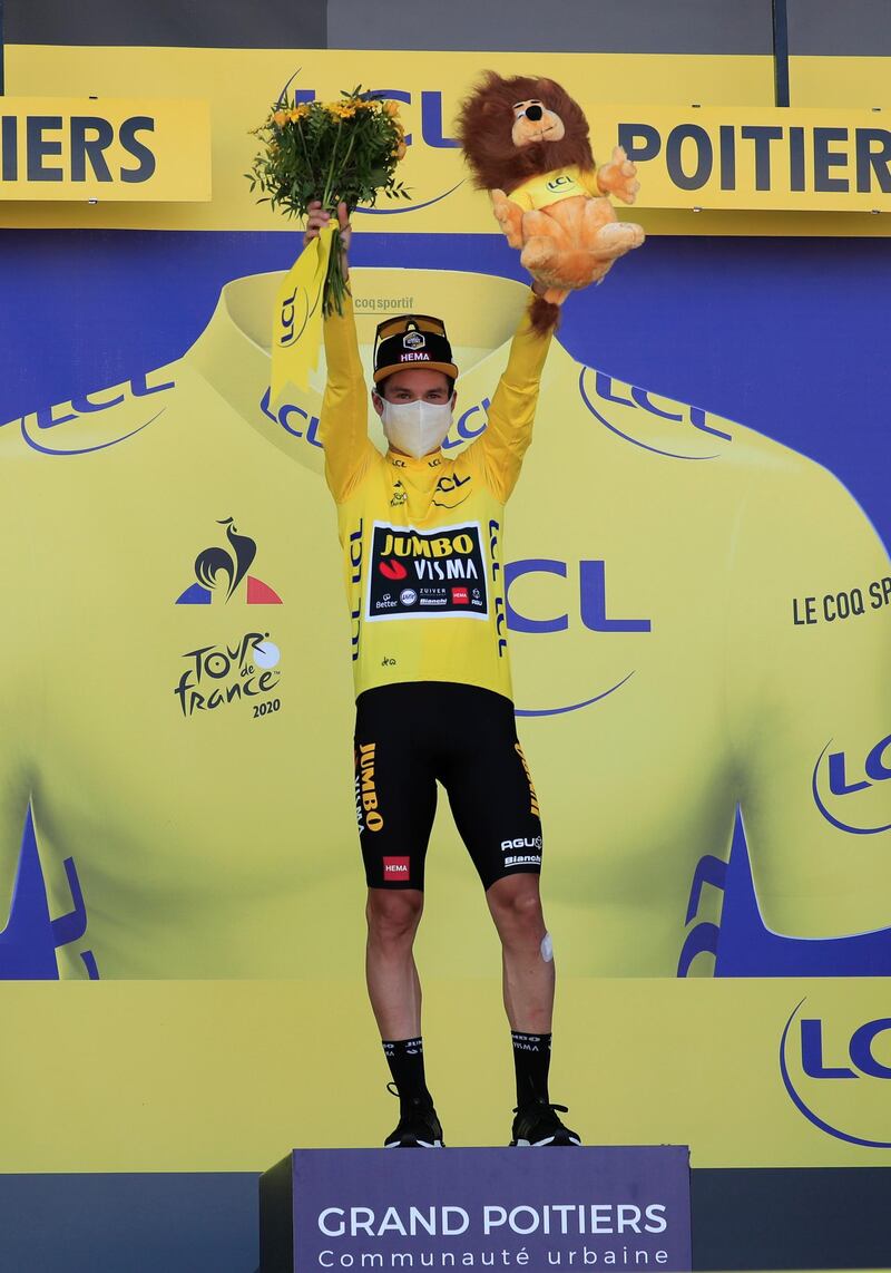 Slovenian rider Primoz Roglic after securing the yellow jersey for another day. Reuters