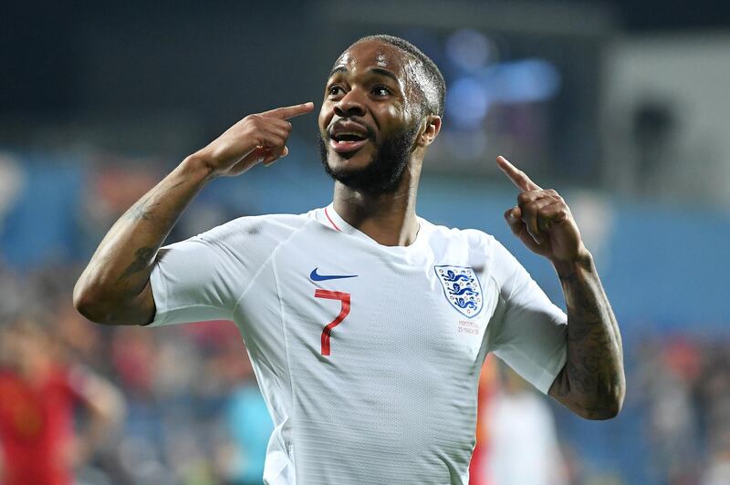 PODGORICA, MONTENEGRO - MARCH 25:  Raheem Sterling of England celebrates after scoring his team's fifth goal during the 2020 UEFA European Championships Group A qualifying match between Montenegro and England at Podgorica City Stadium on March 25, 2019 in Podgorica, Montenegro. (Photo by Michael Regan/Getty Images)