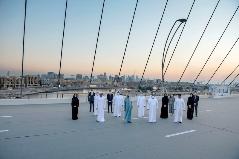 Sheikh Mohammed with officials on Infinity Bridge.