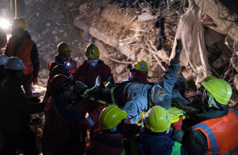 Abdulkerim Nano, 67, is rescued after five days under the rubble in in Kahramanmaras, Turkey