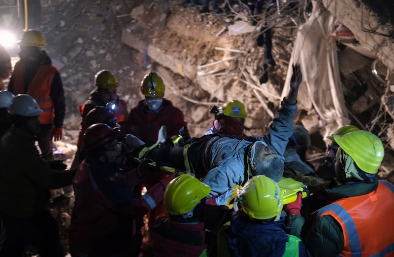 Abdulkerim Nano, 67, is rescued after five days under the rubble in in Kahramanmaras, Turkey