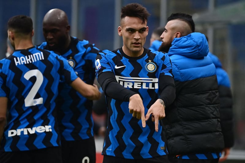 Inter Milan's Lautaro Martinez celebrates after scoring his second goal. AFP