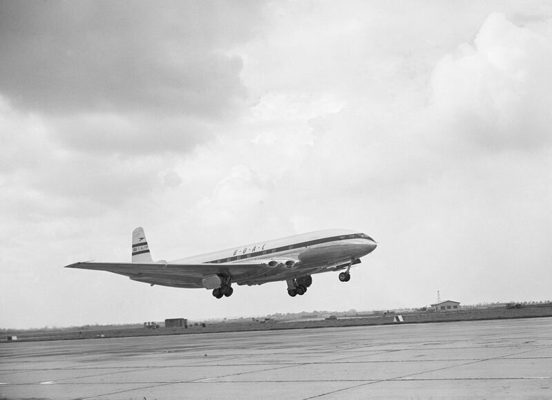 British Overseas Airways Corporation de Havilland DH-106 Comet 1 four engined pressurised passenger jet airliner registration G-ALYP taking off from London Heathrow airport on the world's first commercial jetliner flight with fare-paying passengers to Johannesburg, South Africa on 2nd May 1952 from Hounslow, London, United Kingdom. On 10th January 1954 after suffering an explosive decompression at altitude BOAC Flight 781 Comet G-ALYP crashed into the sea near the Island of  Elba off the Italian coast, killing all 35 people on board. (Photo by Central Press/Hulton Archive/Getty Images).