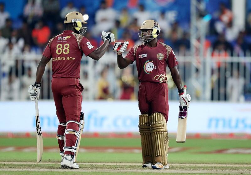 Sharjah, United Arab Emirates - December 02, 2018: Warriors' Rovman Powell makes 50 during the game between between Pakhtoons and Northern Warriors in the T10 final. Sunday the 2nd of December 2018 at Sharjah cricket stadium, Sharjah. Chris Whiteoak / The National