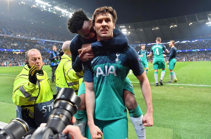 Tottenham Hotspur striker Fernando Llorente celebrates at the final whistle after his goal proved decisive against Manchester City. City won the match at the Etihad 4-3 but Tottenham advanced to the Champions League semi-finals on away goals after the tie finished 4-4 on aggregate. AFP