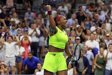 NEW YORK, NEW YORK - SEPTEMBER 07: Coco Gauff of the United States celebrates match point against Karolina Muchova of the Czech Republic during their Women's Singles Semifinal match on Day Eleven of the 2023 US Open at the USTA Billie Jean King National Tennis Center on September 07, 2023 in the Flushing neighborhood of the Queens borough of New York City.    Elsa / Getty Images / AFP (Photo by ELSA  /  GETTY IMAGES NORTH AMERICA  /  Getty Images via AFP)