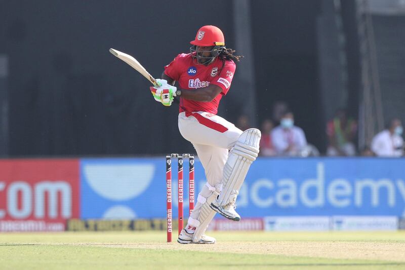 Chris Gayle of Kings XI Punjab plays a shot during match 53 of season 13 of the Dream 11 Indian Premier League (IPL) between the Chennai Super Kings and the Kings XI Punjab at the Sheikh Zayed Stadium, Abu Dhabi  in the United Arab Emirates on the 1st November 2020.  Photo by: Pankaj Nangia  / Sportzpics for BCCI