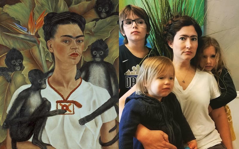 Shauna Barnes embodies Frida Kahlo, braids and unibrow included, for her version of the artist's 'Self-portrait with Monkeys'. Via @whatmommysaid / Twitter