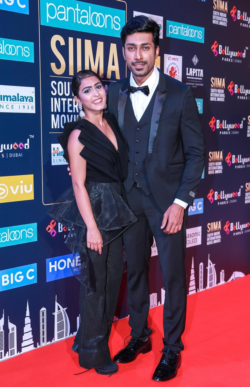 Dubai, United Arab Emirates, September 15, 2018.  SIIMA Day 2 Red Carpet. --- Samyuktha Hegde and Rishi.
Victor Besa/The National
Section:  AC
Reporter:  Felicity Campbell