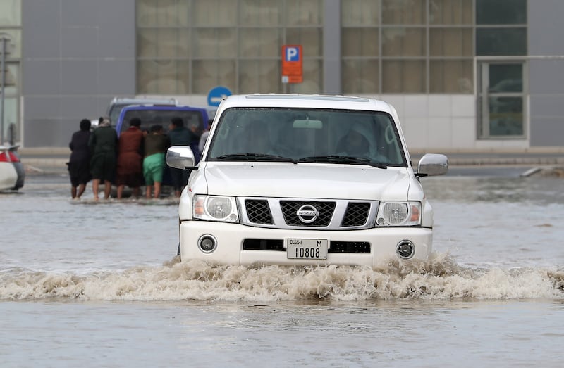 A flooded road in Al Quoz Industrial area, Dubai. Pawan Singh / The National