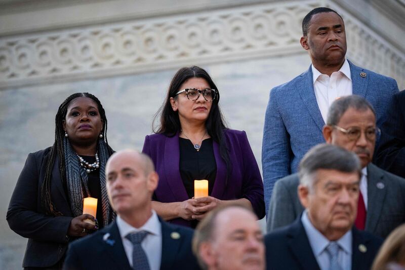 Congresswoman Rashida Tlaib, centre, attends a bipartisan candlelight vigil at the US Capitol to mark one month since the Hamas terrorist attacks in Israel. AFP
