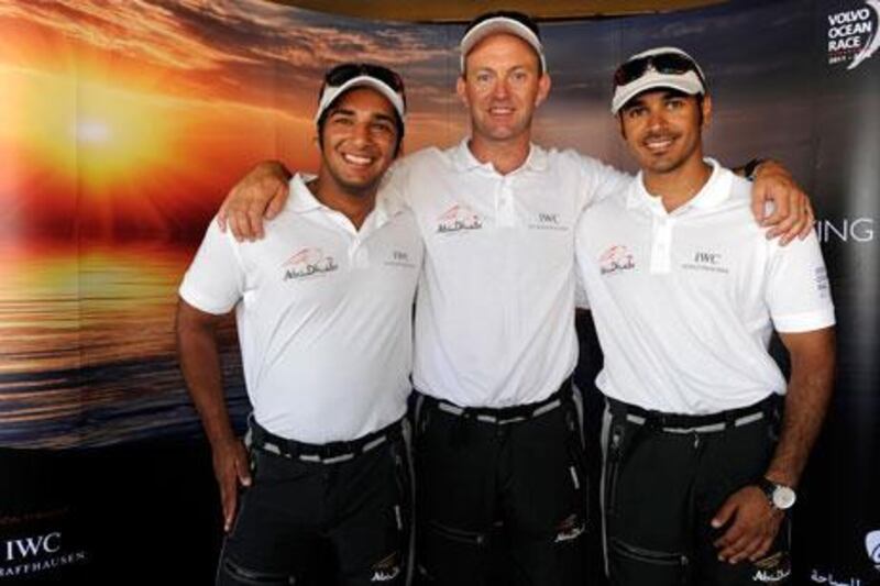 Ian Walker, centre, the captain of the Abu Dhabi Ocean Racing Team, has two Emirati crew; Adil Khelid, left, and Butti Al Muhairi.