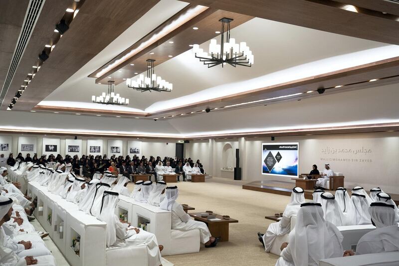 ABU DHABI, UNITED ARAB EMIRATES - May 21, 2018: Guests listen to a lecture by Omar Habtoor Al Darei titled "Reclaiming Religion In The Age of Extremism", at Majlis Mohamed bin Zayed. 

( Mohamed Al Hammadi / Crown Prince Court - Abu Dhabi )
---