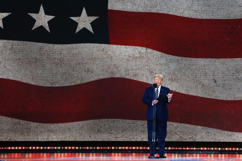 U.S. President Donald Trump, speaks on stage during a ceremony to mark the 75th Anniversary of D-Day in Portsmouth, U.K., on Wednesday, June 5, 2019. Trump encouraged the U.K. to get Brexit done, dangling the promise of a deal he said would triple trade between the two countries. Photographer: Luke MacGregor/Bloomberg