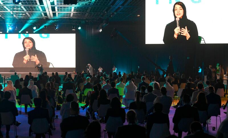 Reem Al Hashimi, UAE Minister of State for International Cooperation, speaks at the conference in Dubai. AFP