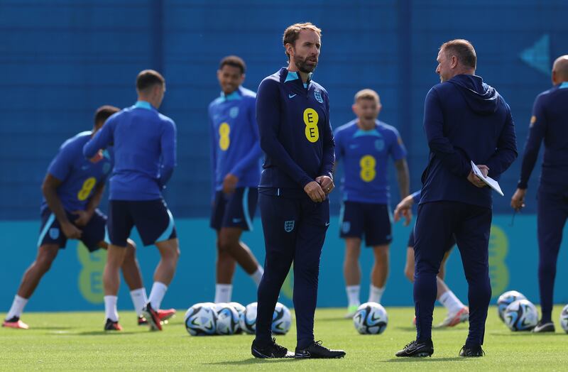 England manager Gareth Southgate oversees a training session at Rangers Training Centre ahead of the international friendly against Scotland. Getty
