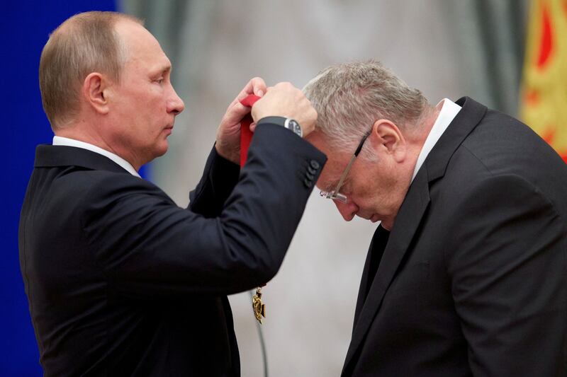 Russian President Vladimir Putin, left, awards a medal to Vladimir Zhirinovsky at the Kremlin in Moscow, Russia, on September 22, 2016. Reuters / Ivan Sekretarev