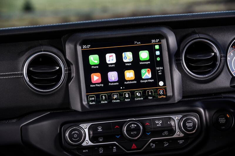 The cabin has a seven-inch touchscreen, with Android Auto and Apple CarPlay running through the Stellantis Uconnect platform.