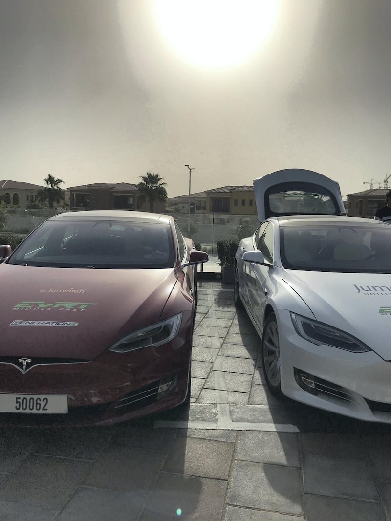 Two Tesla Model S cars at the Jumierah at Saadiyat Island Resort in Abu Dhabi. Adam Workman / The National