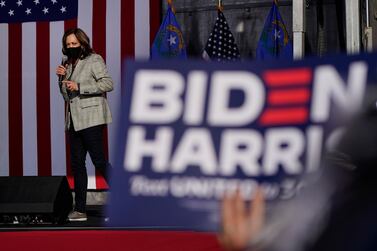 Democratic vice presidential candidate Senator Kamala Harris, speaks at a drive-in campaign event in Las Vegas. AP