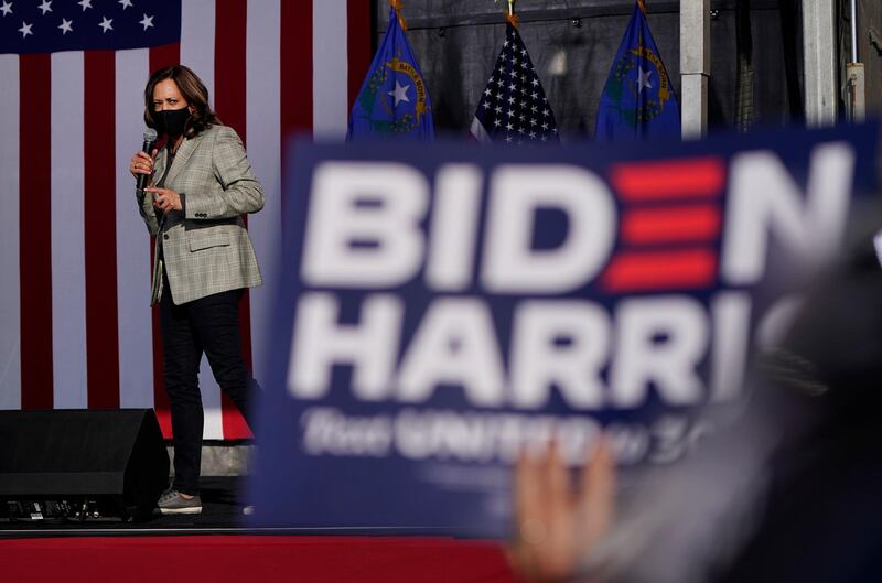 Democratic vice presidential candidate Sen. Kamala Harris, D-Calif., speaks at a drive-in campaign event Friday, Oct. 2, 2020, in Las Vegas. (AP Photo/John Locher)