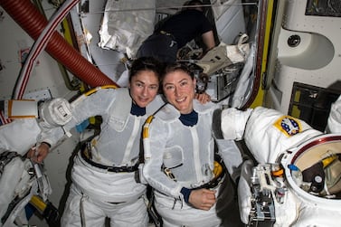 Nasa astronauts Jessica Meir, left, and Christina Koch put on their spacesuits as they prepare to leave the hatch of the International Space Station and begin the first all-female spacewalk. The two ventured outside the International Space Station on Friday, October 18, 2019, to replace faulty equipment on the station’s surface. Nasa