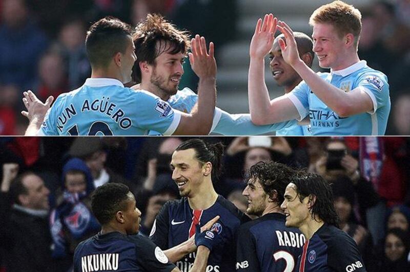 Manchester City, top, are in the Champions League quarter-finals for the first time, while Paris Saint-Germain are making their fourth appearance in the last eight. (Matthew Childs / Action Images / Reuters and Martin Bureau / AFP)