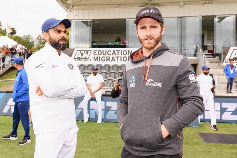CHRISTCHURCH, NEW ZEALAND - MARCH 02: Captains Virat Kohli of India and Kane Williamson of New Zealand (L-R) look on at the end of day three of the Second Test match between New Zealand and India at Hagley Oval on March 02, 2020 in Christchurch, New Zealand. (Photo by Kai Schwoerer/Getty Images)