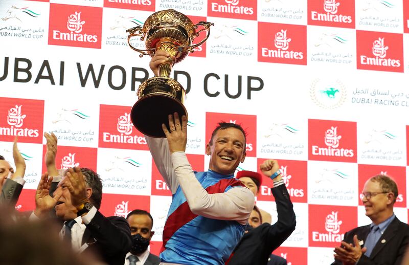 Frankie Dettori celebrates after winning the Dubai World Cup on Country Grammer. Pawan Singh / The National