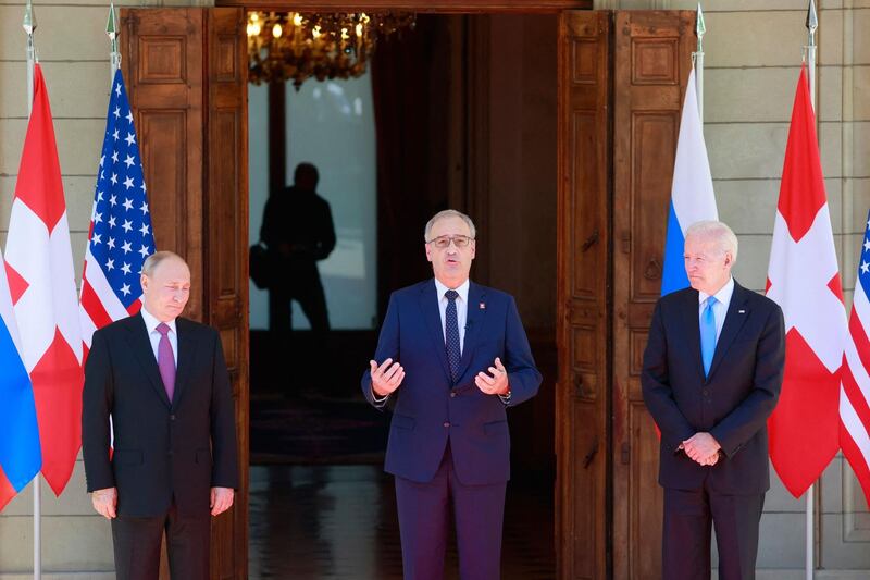 President Parmelin with the US and Russian leaders before their meeting. AFP