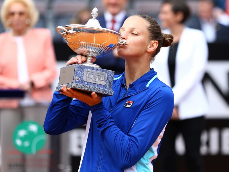 Tennis - WTA Premier 5 - Italian Open - Foro Italico, Rome, Italy - May 19, 2019   Czech Republic's Karolina Pliskova kisses a trophy as she celebrates winning the final against Britain's Johanna Konta  REUTERS/Matteo Ciambelli