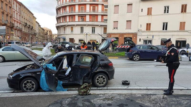 The car of the suspected shooter that opened fire on African migrants, identified as Luca Traini, 28, is seen in Macerata, Italy February 3, 2018. Italian Carabinieri
