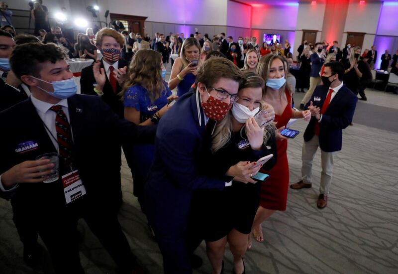 Supporters of U.S. Senator Lindsey Graham react at his election night party in Columbia, South Carolina, U.S. November 3, 2020. REUTERS