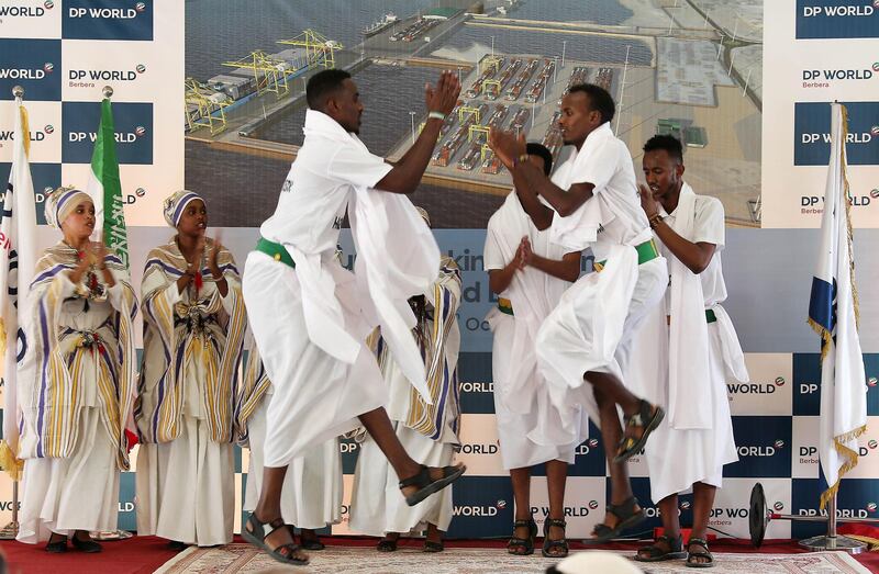 BERBERA , SOMALILAND,  October 10 , 2018 :- Artists performing folk dance during the ground breaking ceremony for the DP World Berbera at the Berbera Port in Somaliland.  ( Pawan Singh / The National )  For News. Story by Charlie