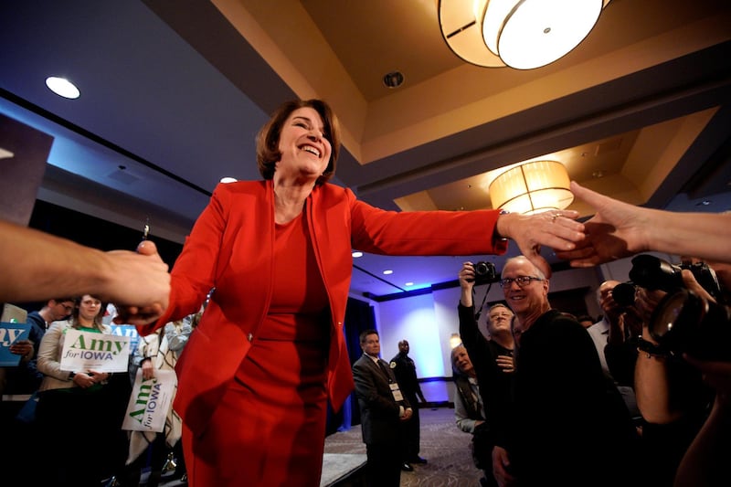 Democratic presidential candidate Amy Klobuchar greets supporters at her caucus night campaign rally in Des Moines, Iowa. AP Photo