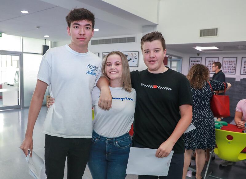 Dubai, U.A.E., August 23 , 2018.  GCSE results coverage at the Dubai British School.  (L-R)  Lucas Dobbie Holman-16,
Ben Little-16 and Sophie Whitehouse Giles-16

Victor Besa/The National
Section:  NA
Reporter:  Nick Webster