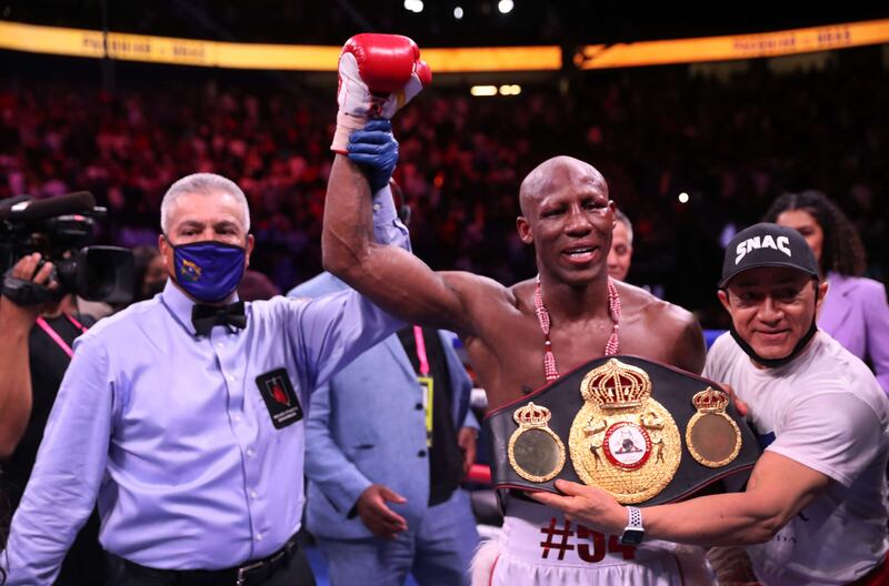 Yordenis Ugas celebrates after defeating Manny Pacquiao. AFP