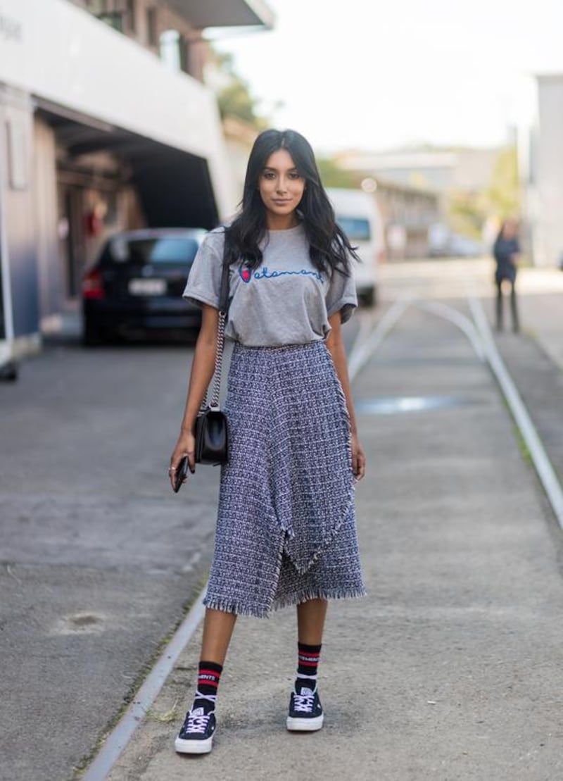 Vydia Rishie wearing Vetements tshirt, skirt, socks and sneakers at day 4 during Mercedes-Benz Fashion Week Resort 18 Collections at Carriageworks on May 17, 2017 in Sydney, Australia. Photo by Christian Vierig / Getty Images