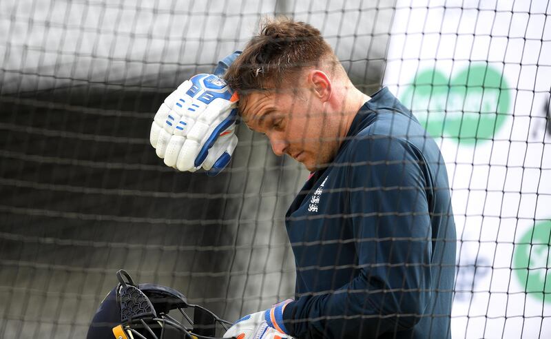 LEEDS, ENGLAND - AUGUST 20: Jason Roy of England receives treatment after being hit by a ball during a nets session at Headingley on August 20, 2019 in Leeds, England. (Photo by Gareth Copley/Getty Images)
