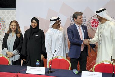 From left: Tala Al Ramahi, chief strategy officer for Special Olympics World Games Abu Dhabi, Hessa Buhumaid, Minister of Community Development, Mohammed Al Junaibi, chairman of the Higher Committee for Special Olympics World Games, Dr Timothy Shriver, chairman of Special Olympics International, and Dr Sultan Al Jaber, Minister of State and chief executive of Adnoc Group, speak of the enduring legacy the Games will have the in UAE. Pawan Singh / The National 