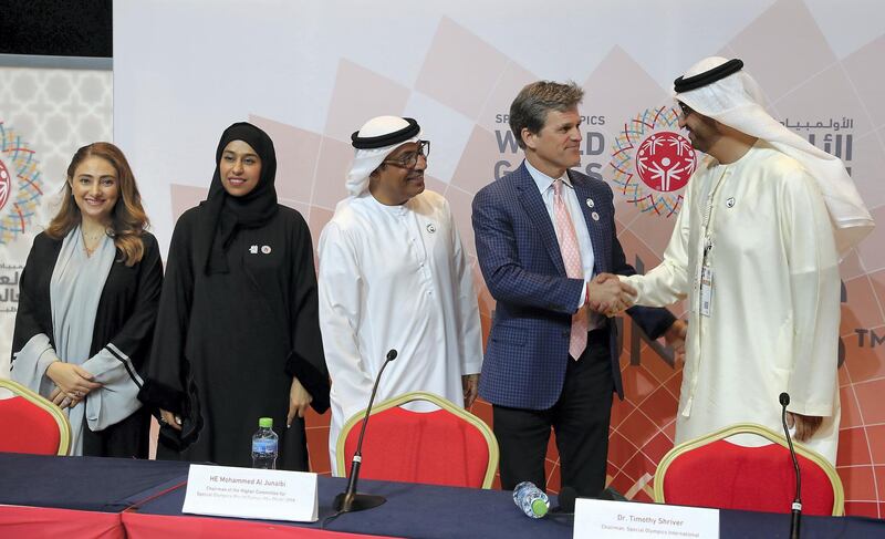 ABU DHABI , UNITED ARAB EMIRATES , March 21 – 2019 :- Left to Right – Tala Al Ramahi , Chief Strategy Officer, Special Olympics World Games Abu Dhabi 2019, Hessa Bint Essa Buhumaid, UAE Minister of Community Development, Mohammed Al Junaibi , Chairman of the Higher Committee for Special Olympics World Games Abu Dhabi 2019, Dr. Timothy Shriver, Chairman, Special Olympics International and Dr. Sultan Al Jaber, UAE Minister of State and CEO, ADNOC Group during the closing press conference of the Special Olympics World Games Abu Dhabi 2019 held at ADNEC in Abu Dhabi. ( Pawan Singh / The National ) For News. Story by Haneen